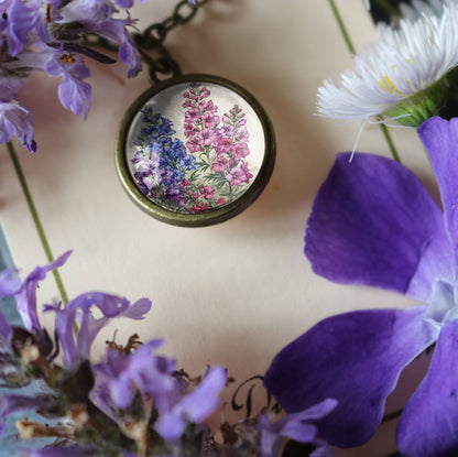 Larkspur / Delphinium Flower Simple Reversible Pendant