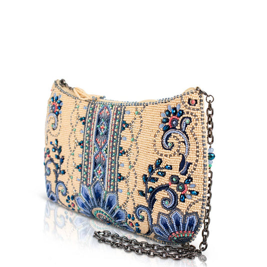 Mary Frances Accessories - Mediterranean Mood Blue & Cream Floral Beaded Crossbody Bag