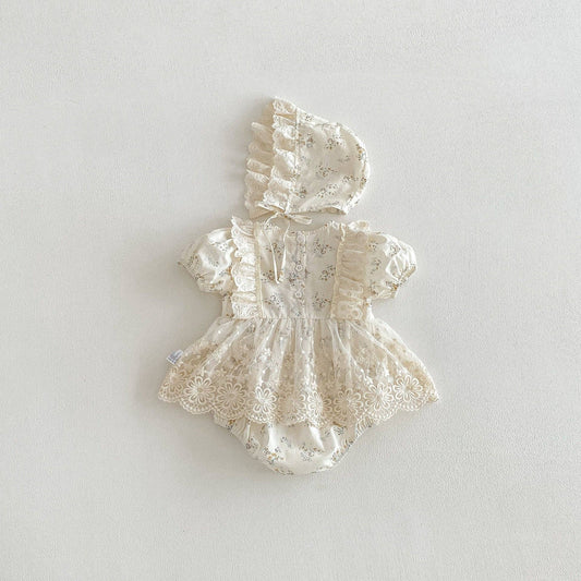 Baby Girls Short Sleeves Tulle Bodysuit with Hat