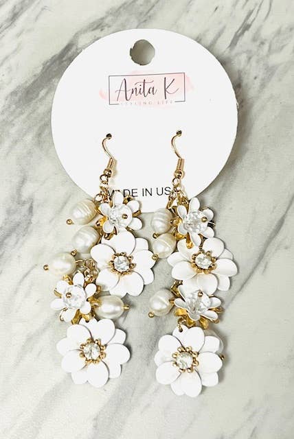 Anita K By Blushing Pink - White Flower & Freshwater Pearl Cluster Dangle Earring