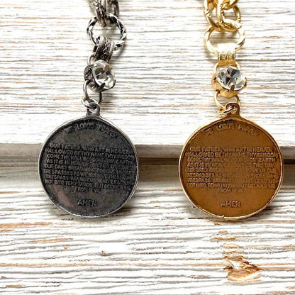 Coin medallion matte gold necklace Lord’s Prayer religious