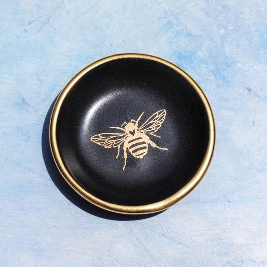 Gold Bee Ring Dish | Handmade Pottery Trinket Dish (black)