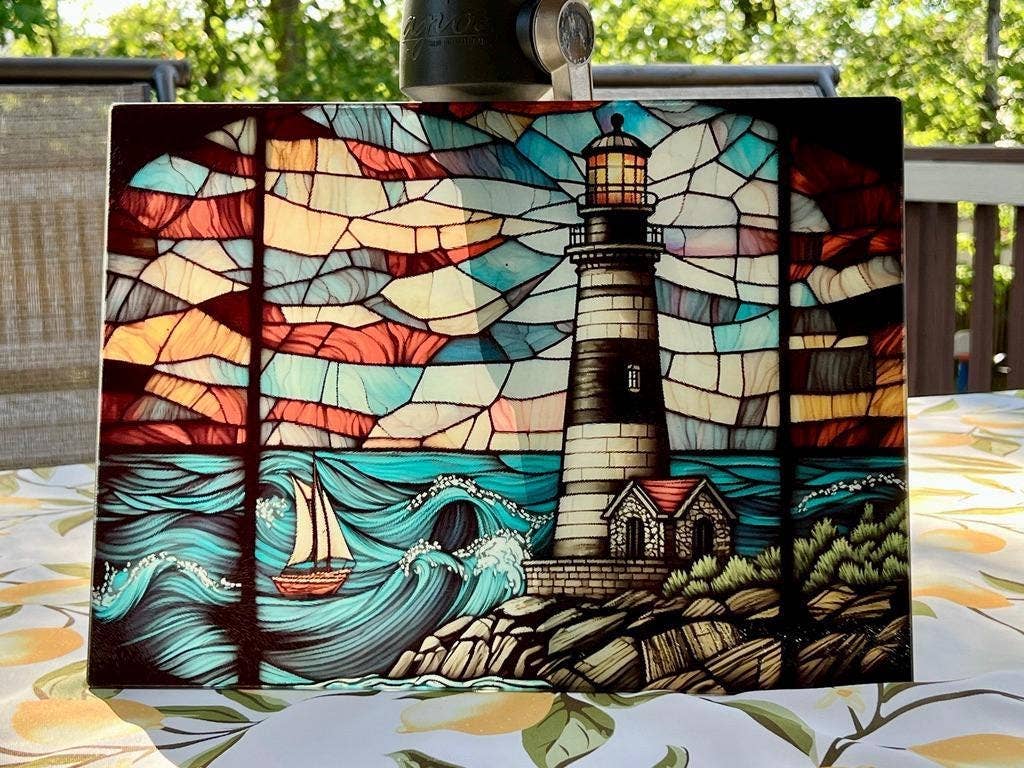 Lighthouse Tempered Glass Nautical Kitchen Cutting Board: 11x15 inch