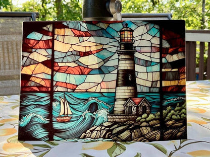 Lighthouse Tempered Glass Nautical Kitchen Cutting Board: 11x15 inch