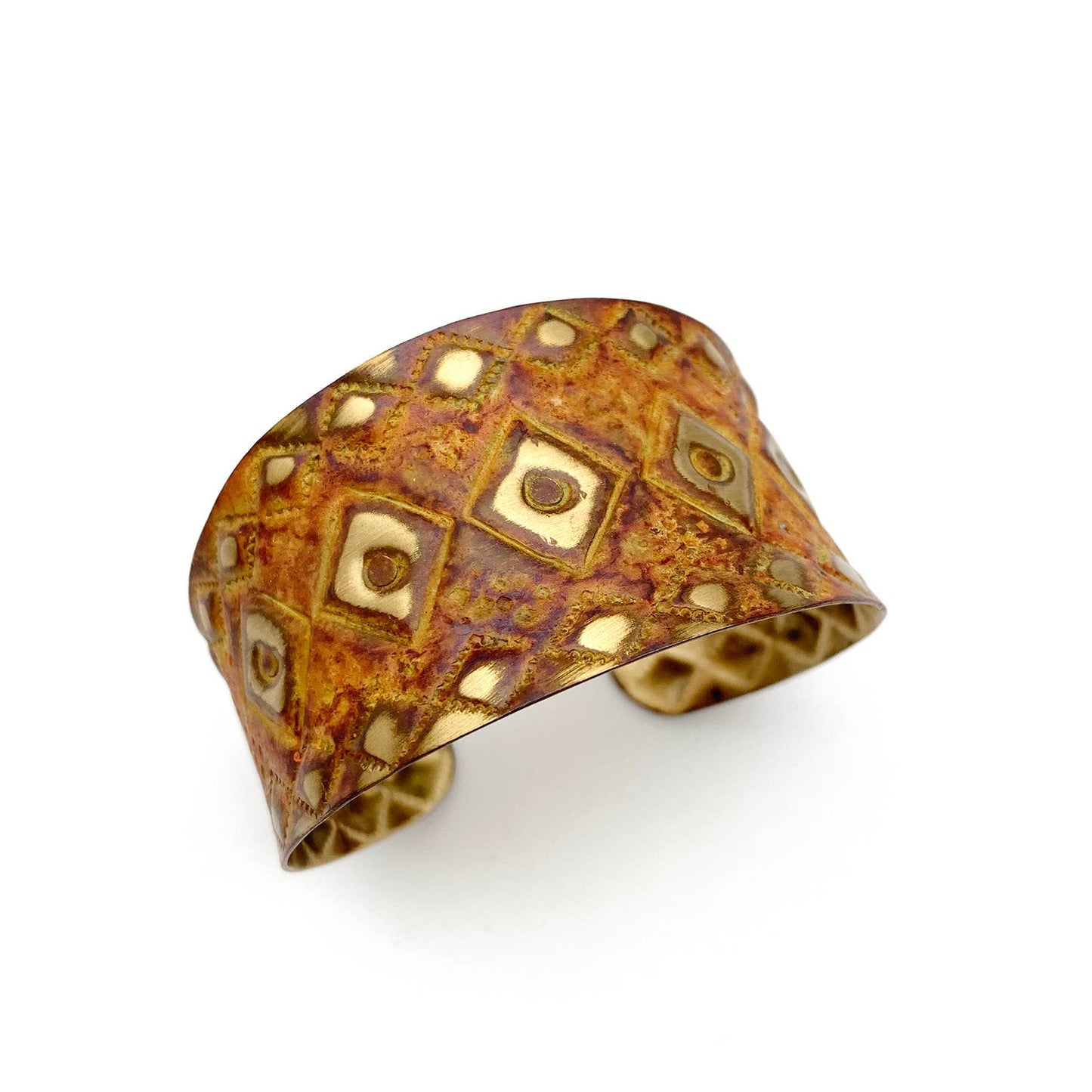 Brass Patina Bracelet - Burnt Orange Diamonds and Squares