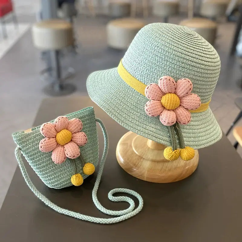 Sun Protection Beach Straw hat&flower Straw Bag 2pcs set
