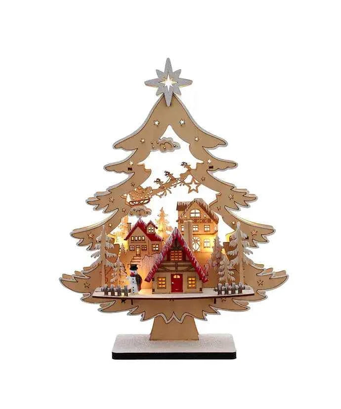 15" Bo Plywooden LED Tree W/Village Scene
