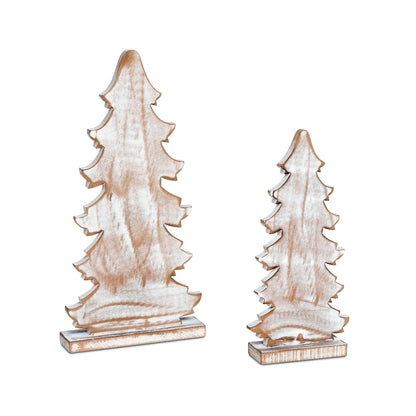 Wooden Carved Fir Tabletop Tree, Set of 2