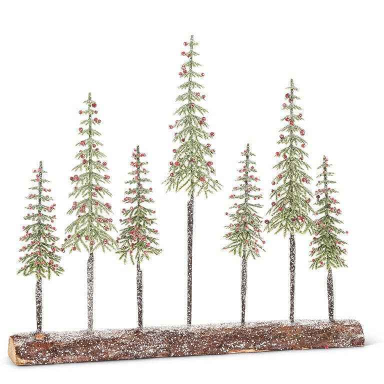 Tall 7 Snowy Trees on Log Base