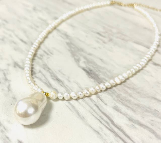 Anita K By Blushing Pink - Freshwater Pearl Necklace with Glass Baroque Drop