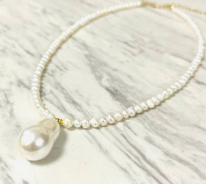 Anita K By Blushing Pink - Freshwater Pearl Necklace with Glass Baroque Drop