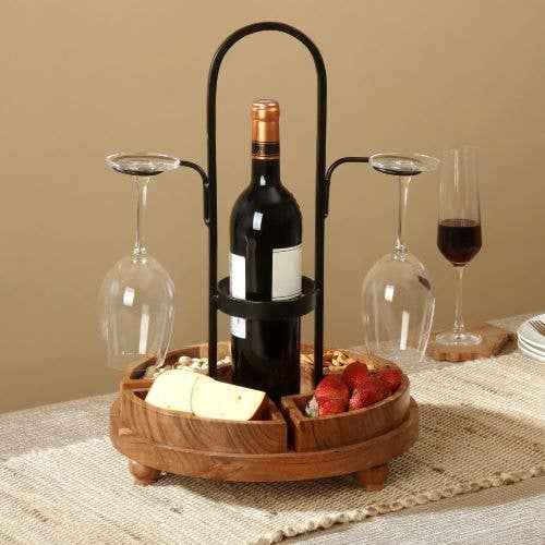 Rustic Wood/Metal Wine Bottle & Glass Server sku#71579