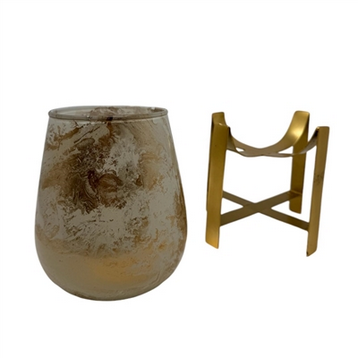 8”H Glass Candle Holder - White/Gold Marble