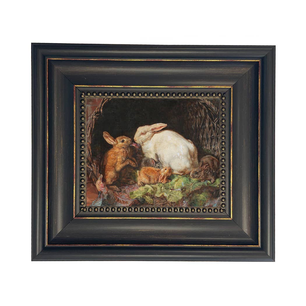 Hares and Young Framed Painting Print on Canvas