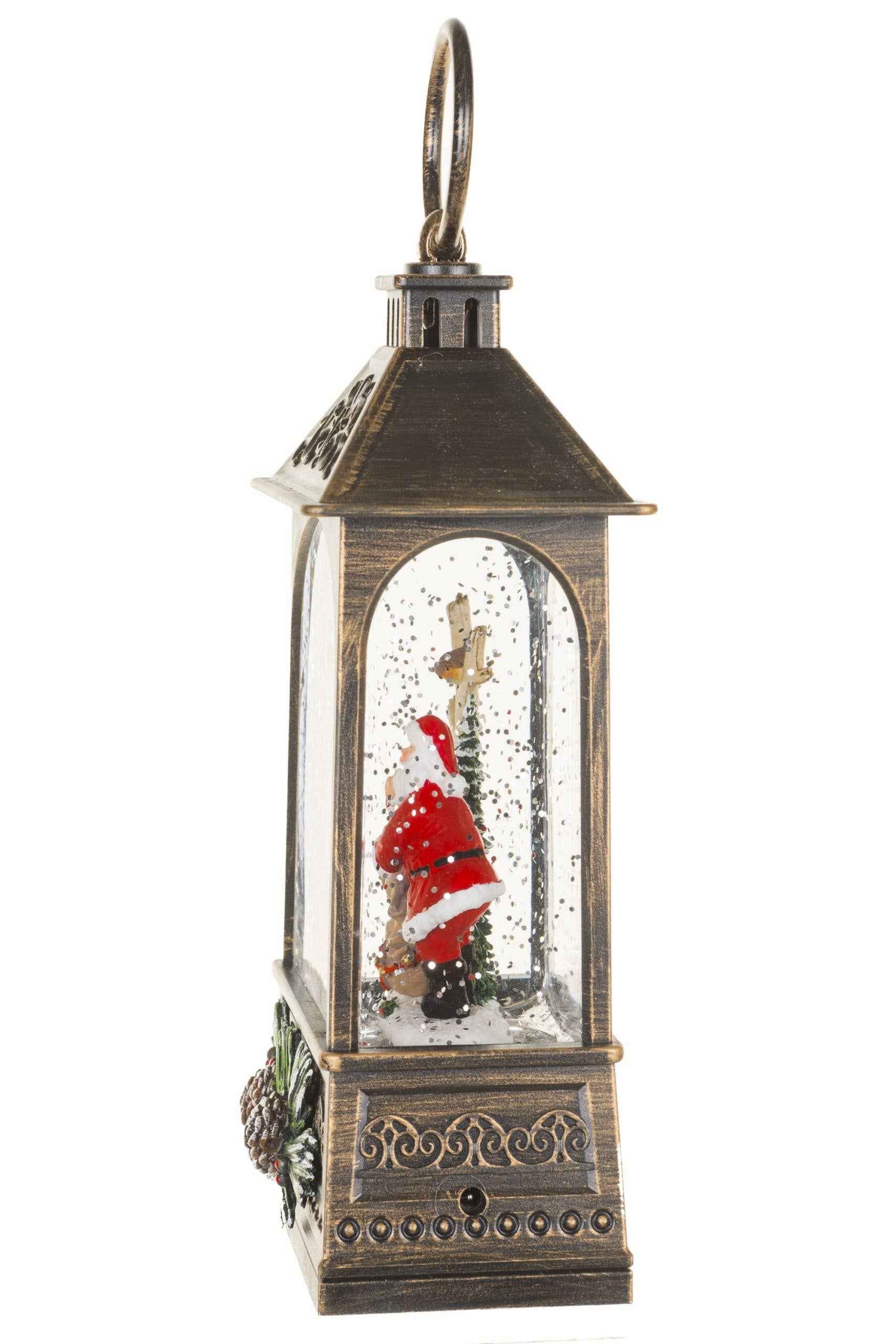 NEW- Brown Lantern Snow Globe with Woodland Santa-Scape