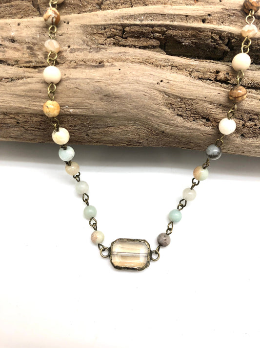 Necklace Antique Gold with Amazonite,Jasper Chain w/Rect.25”