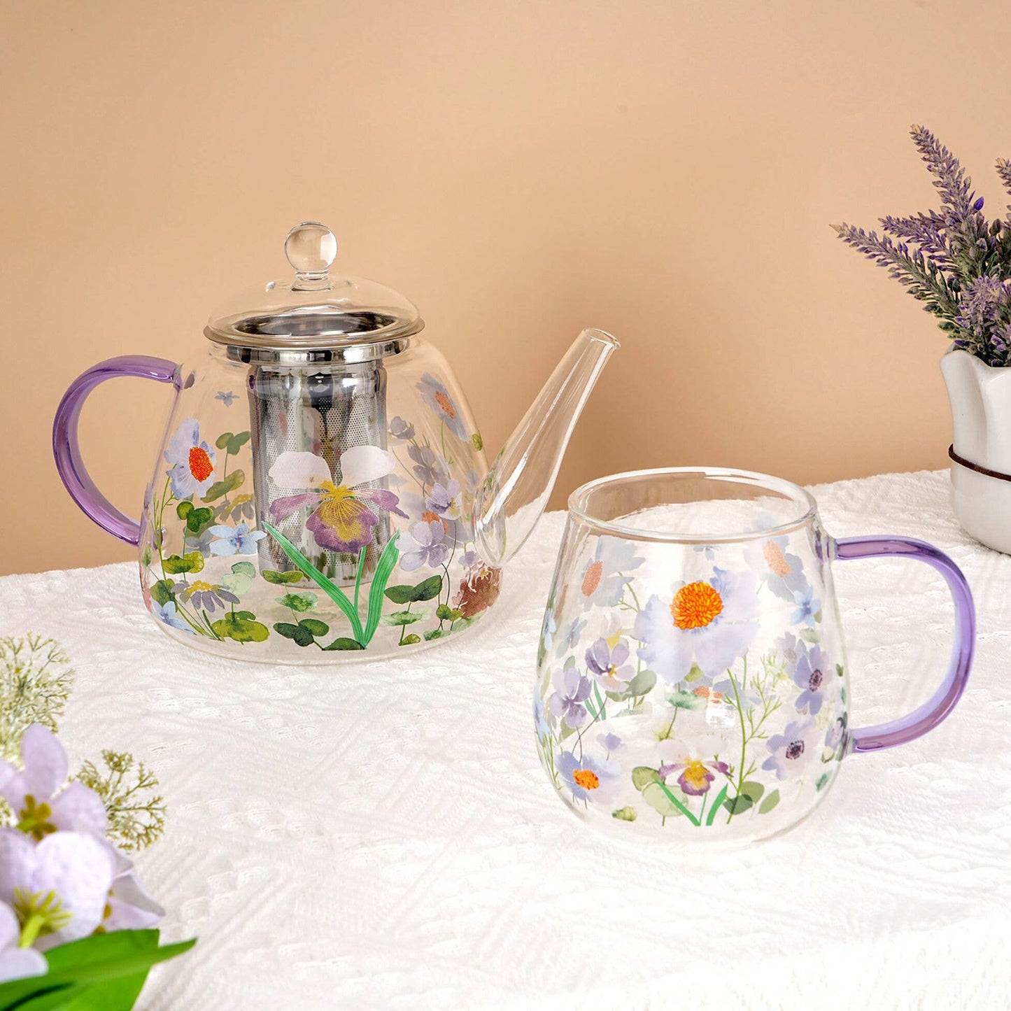 Floral Glass Teapot with Infuser 44 fl oz (1300ml)