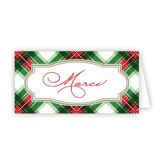 Placecard Handpainted Hunter Green & Red Trad Plaid