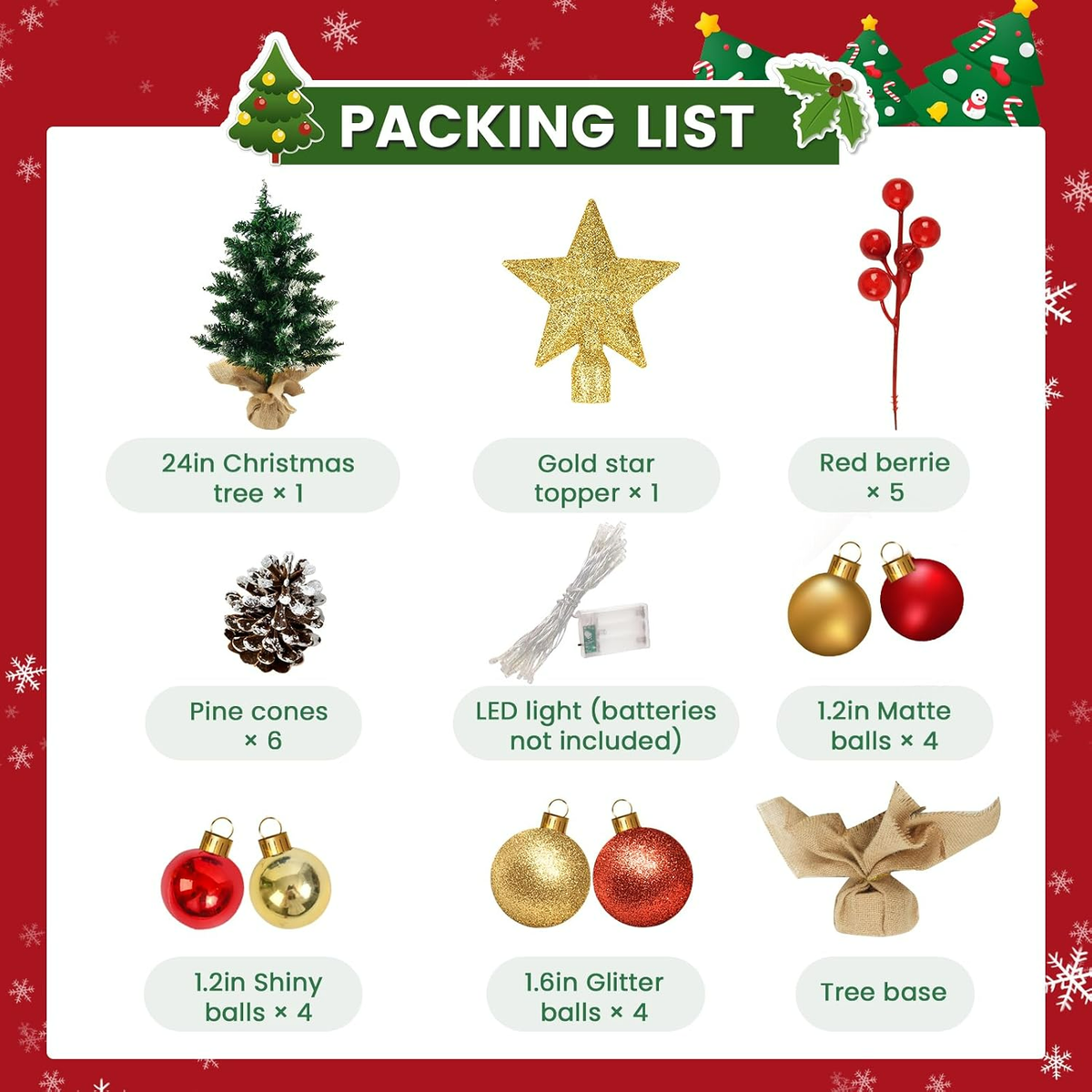 24" Tabletop Christmas Tree | Pre-Lit Lights and Ornaments