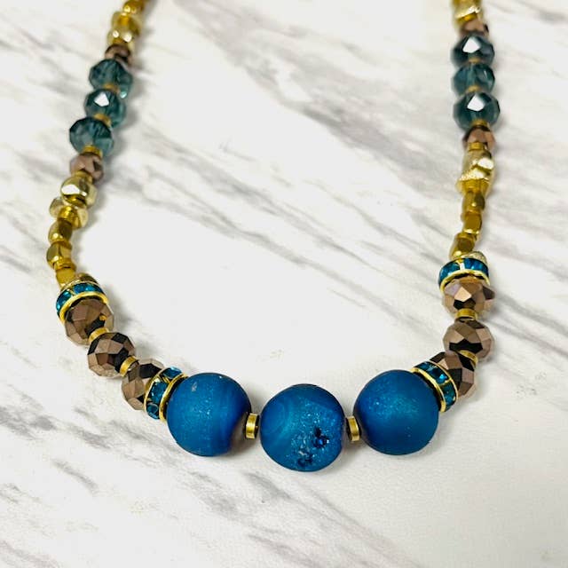 Anita K By Blushing Pink - Blue Druzy Necklace with Crystal