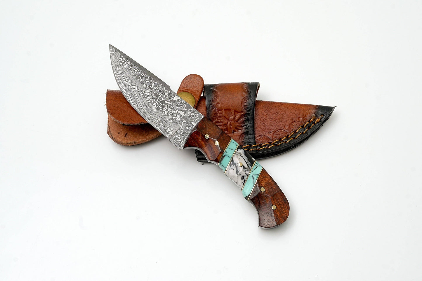 Hand-Forged Damascus Steel Field Knife-Wood & Turquoise Handle