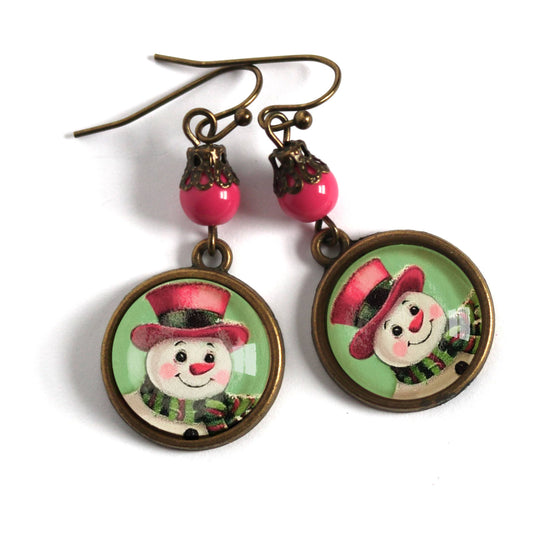 Pink Christmas Snowman Earrings