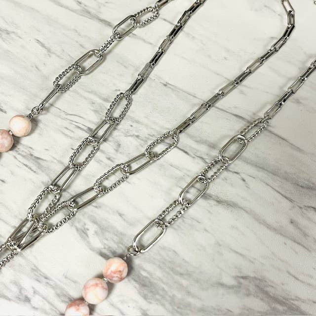 Anita K By Blushing Pink - Layered Rhodonite Necklace with Silver Paper Clip Chain