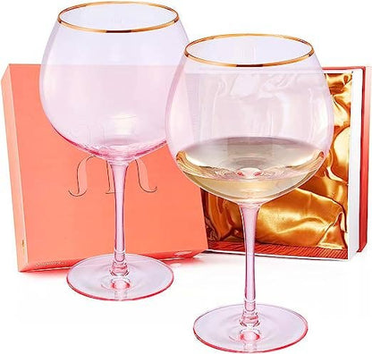 Pink & Gilded Rim Wine Glassware,  Set of 2