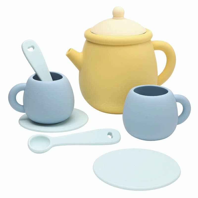 My First Tea Set: Tea Pot: 4.5" W x 4.75" H x 3" DCups: 2.5" W x 2" H x 2" HPlates: 2.875" SqSpoons: 3.5"W x 0.75" H x 0.25" D