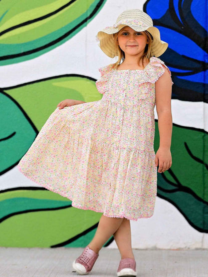 Spring Floral Girls Ruffle Dress With Bow Straw Hat Set: 7