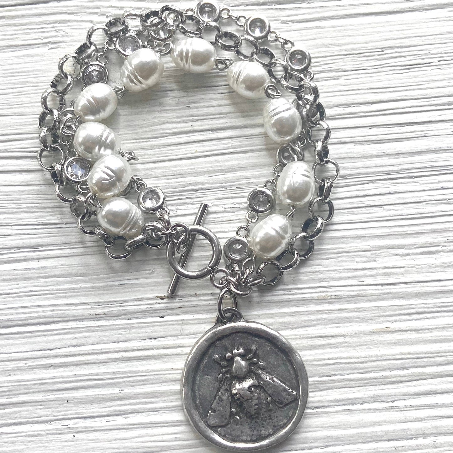 Bee jewelry coin bracelet pearl crystal charm