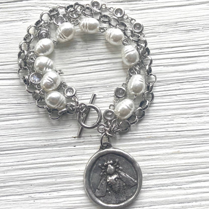 Bee jewelry coin bracelet pearl crystal charm