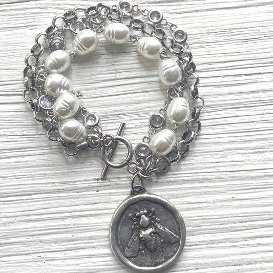 Bee jewelry coin bracelet pearl crystal charm