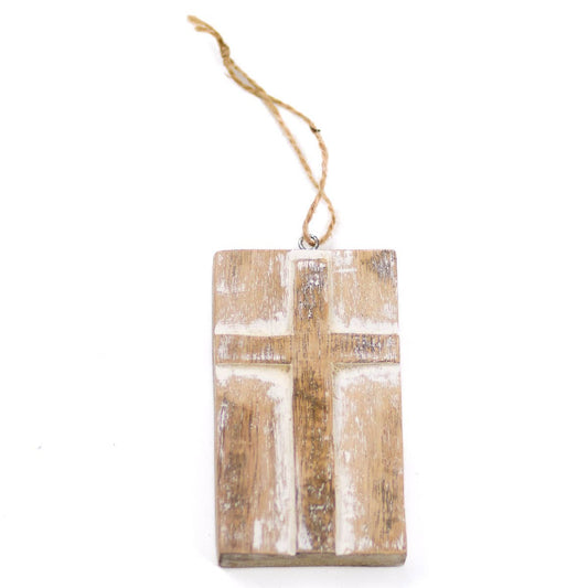 Cross Ornament  Natural/White Wash  2.5x4.25