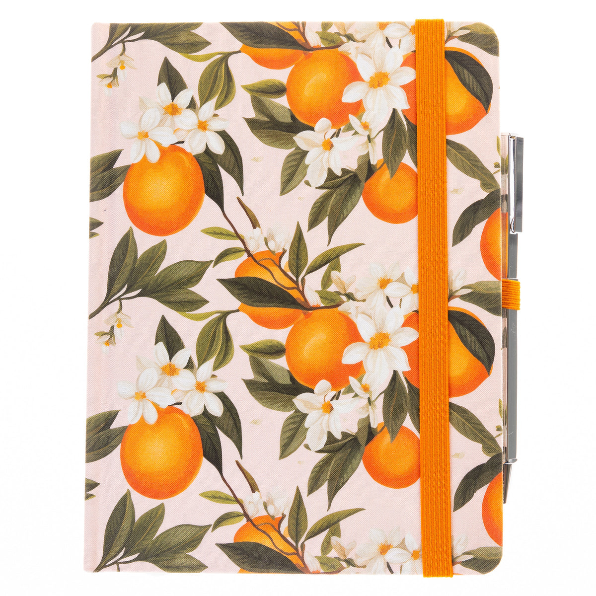 La Petite Presse L'Orange Fabric-Bound Journal with Pen, An orange grove fabric journal, closed with an orange elastic band and a silver pen tucked into a loop.