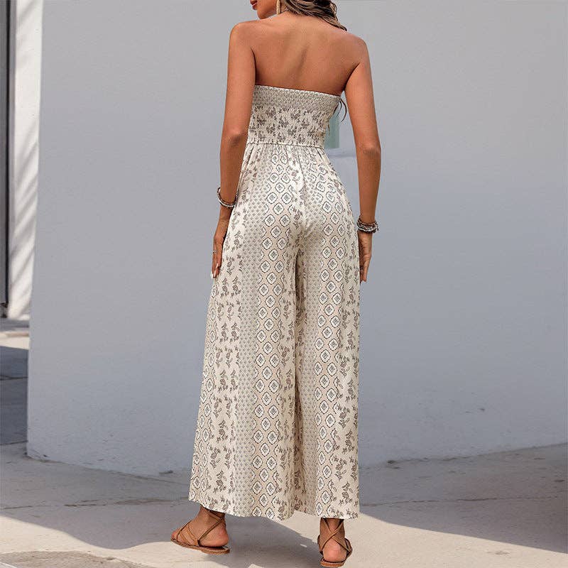 Strapless Smocked Romper Tube Top Flare Trousers Jumpsuit