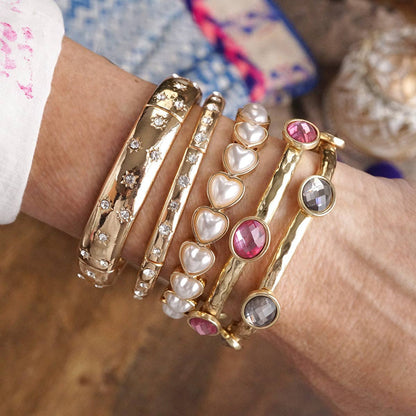 PennyLine inc - Sweetheart Shine – Gold Stretchy Bangle with Pearl Hearts