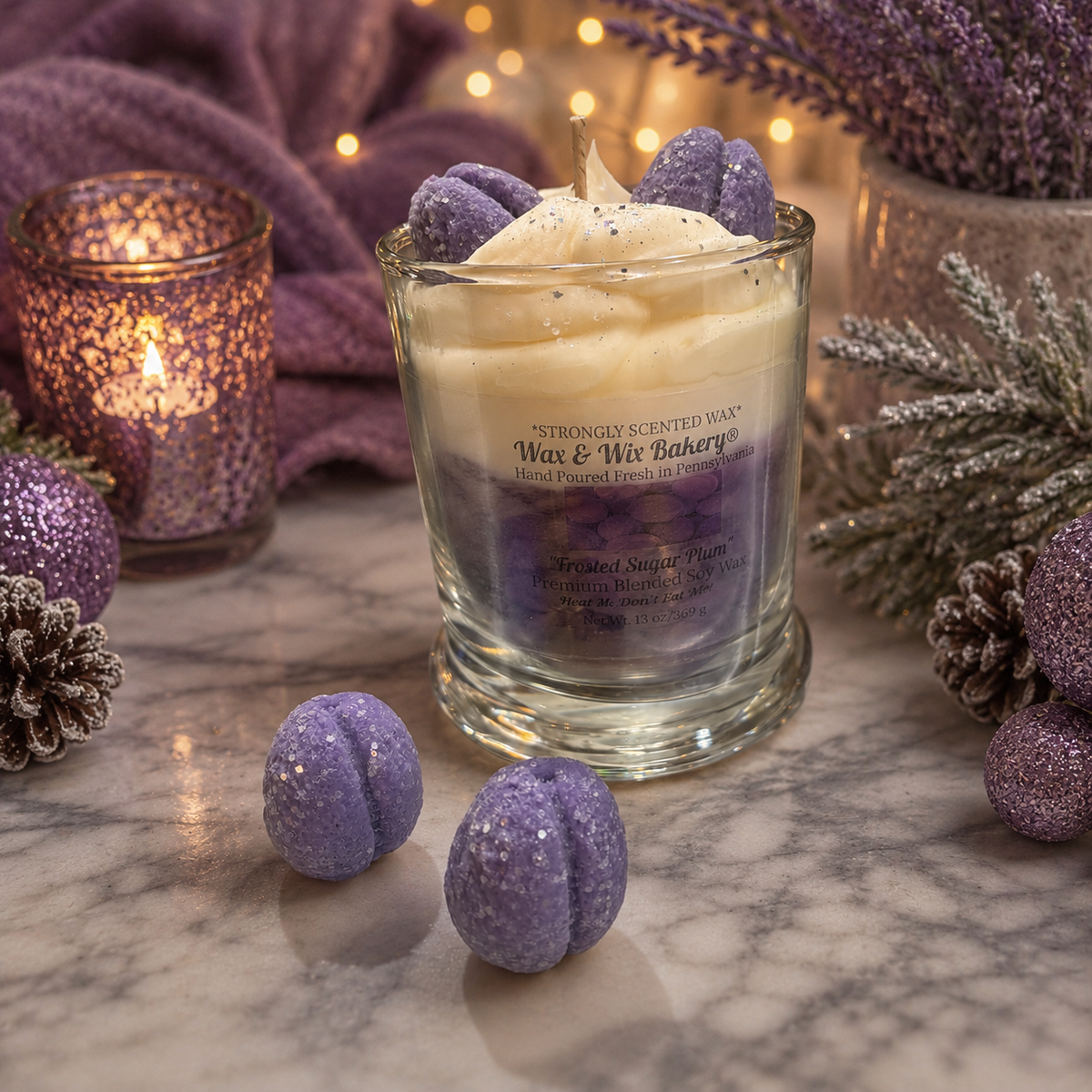 Frosted Sugar Plum Candle. 13oz. Large Soy Dessert Candle
