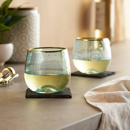 Aqua Bubble Stemless Glasses with Gold Plated Rims Set of 2