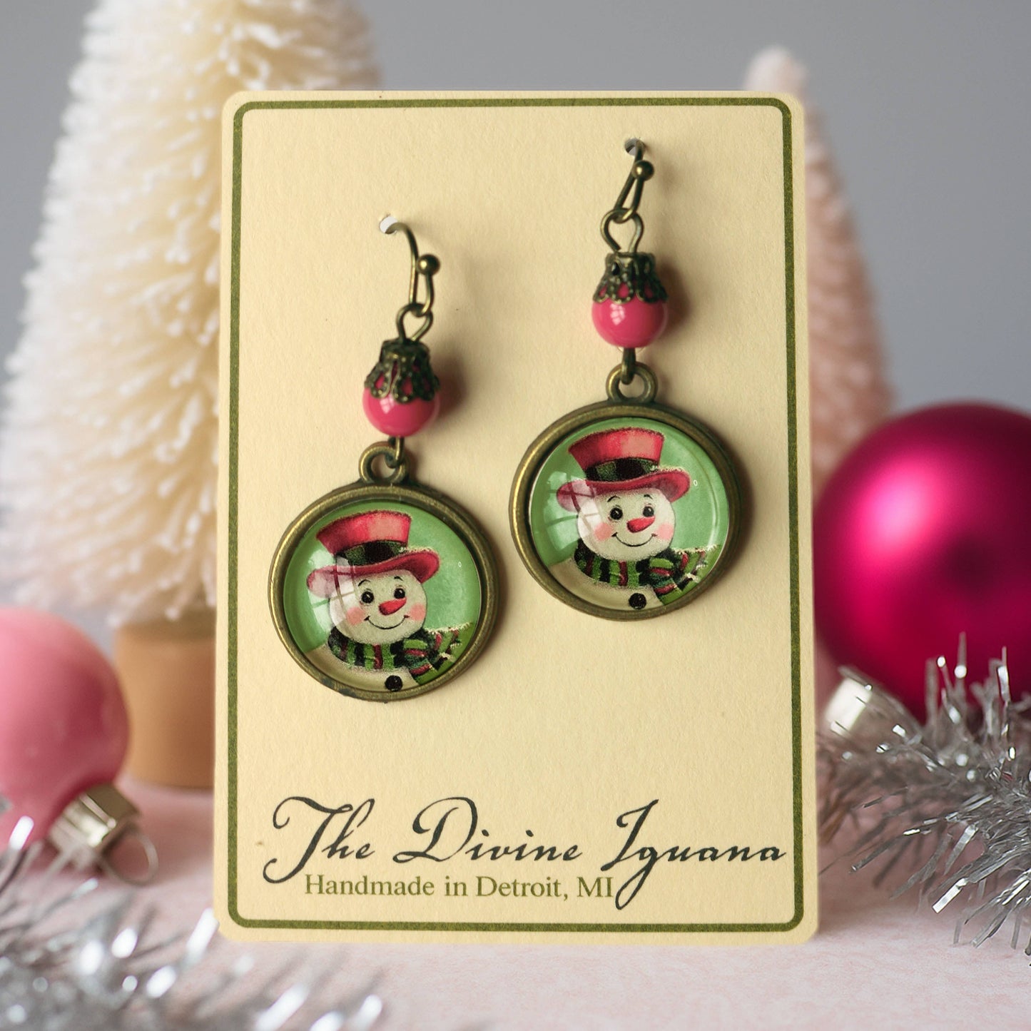 Pink Christmas Snowman Earrings