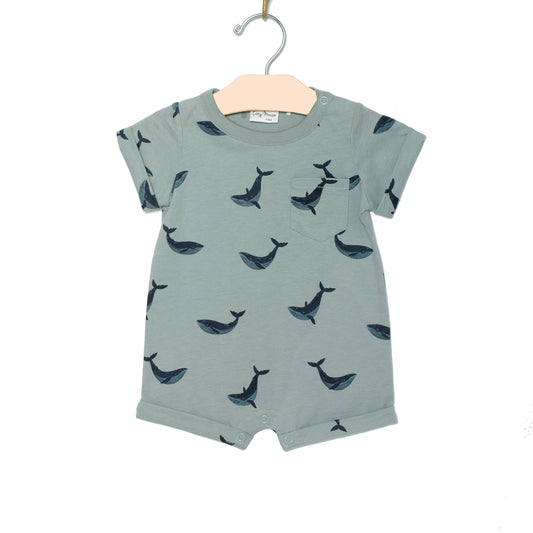 Baby Spring and Summer Short Sleeve Romper- Blue Whales: 0-3m