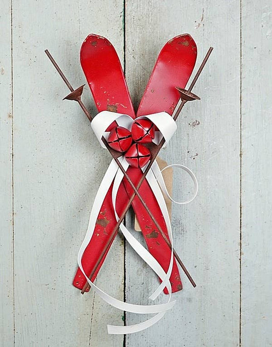13inL Distressed Red Metal Ski Ornament