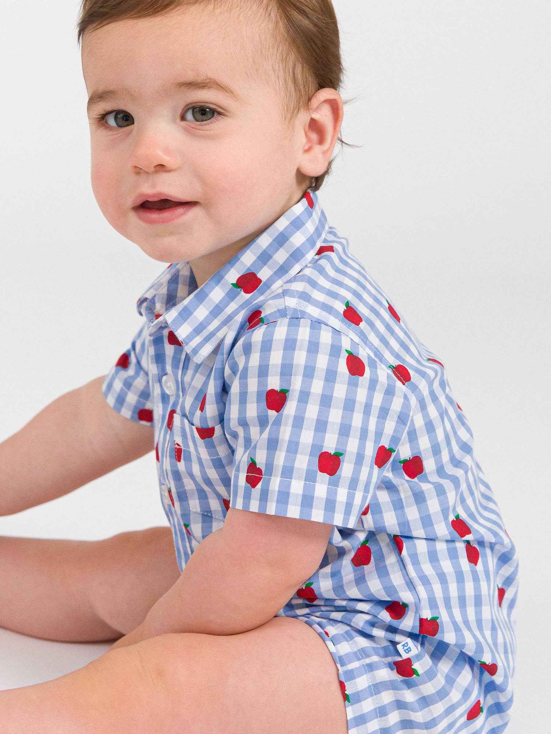 Baby Boys Apple Orchard Classic Gingham Short Sleeve Woven Button-Up Romper: Blue / 0-3m