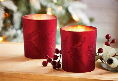 Sprig Etched Tealight Holder Red Glass Christmas