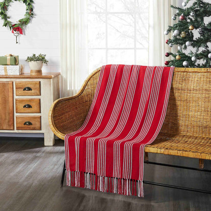 Red Ticking Stripe Woven Throw with Fringe 50x60