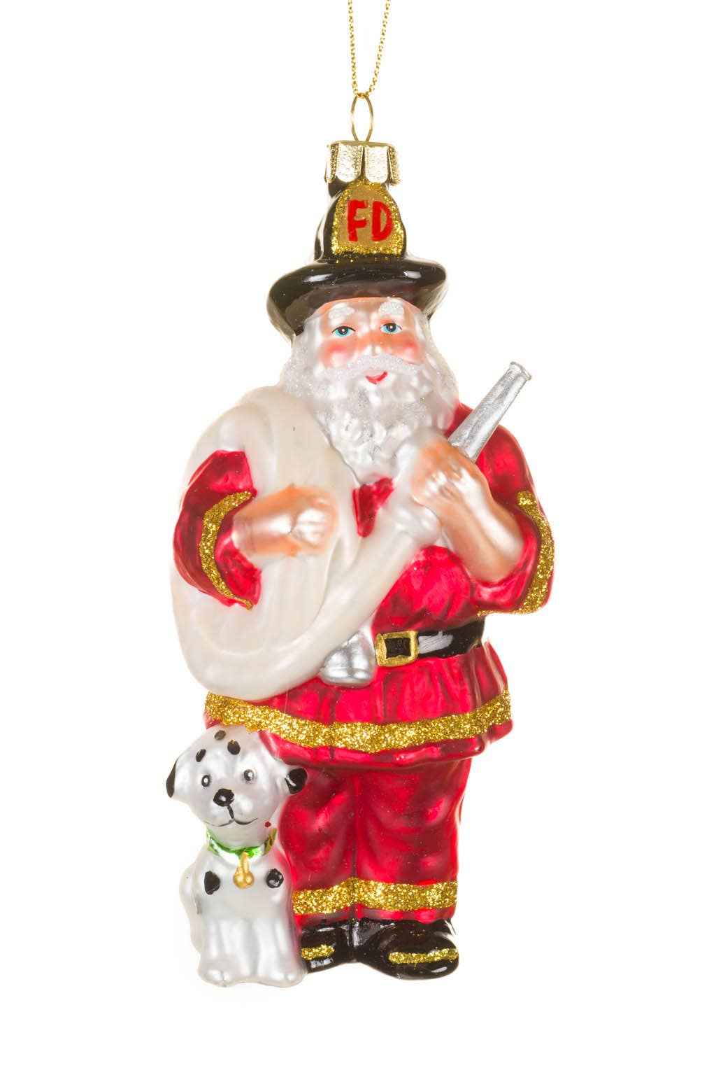 Red Glossy Fireman Santa Ornament With Dalmatian