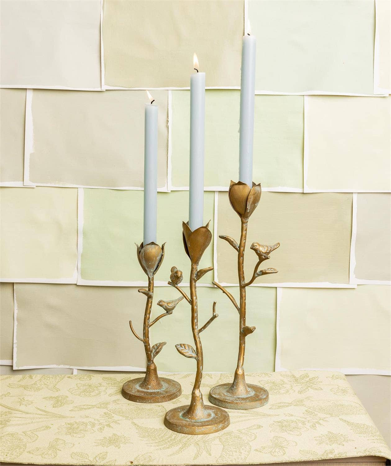 Candle Holder  Flower Stems With Birds (Set Of 3)