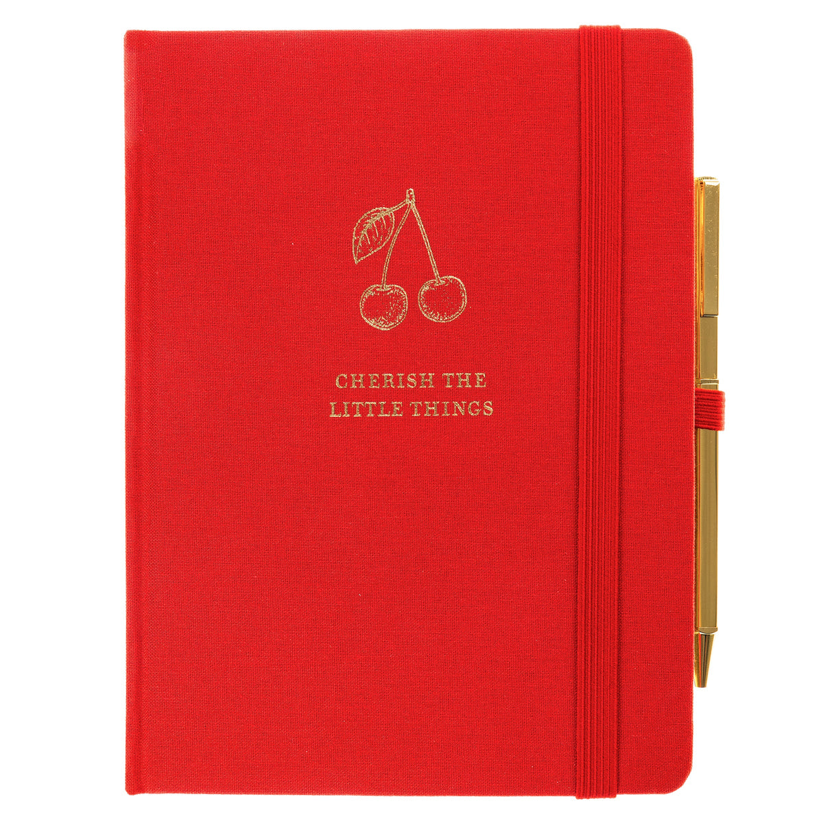 La Petite Presse Cherry Fabric-Bound Journal with Pen, A cherry red fabric journal with gold foil cherries and the words Cherish the Little Things on the cover, paired with a gold twist pen.