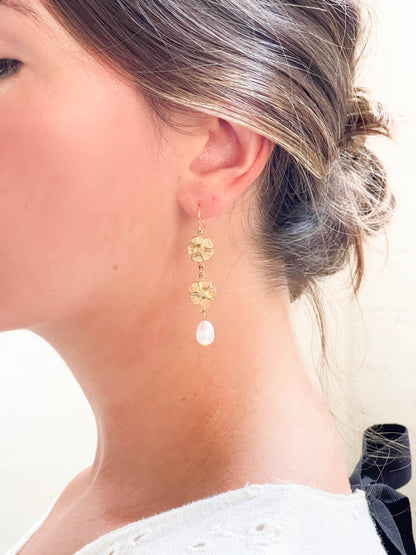 Pearl and two flower dangle earrings