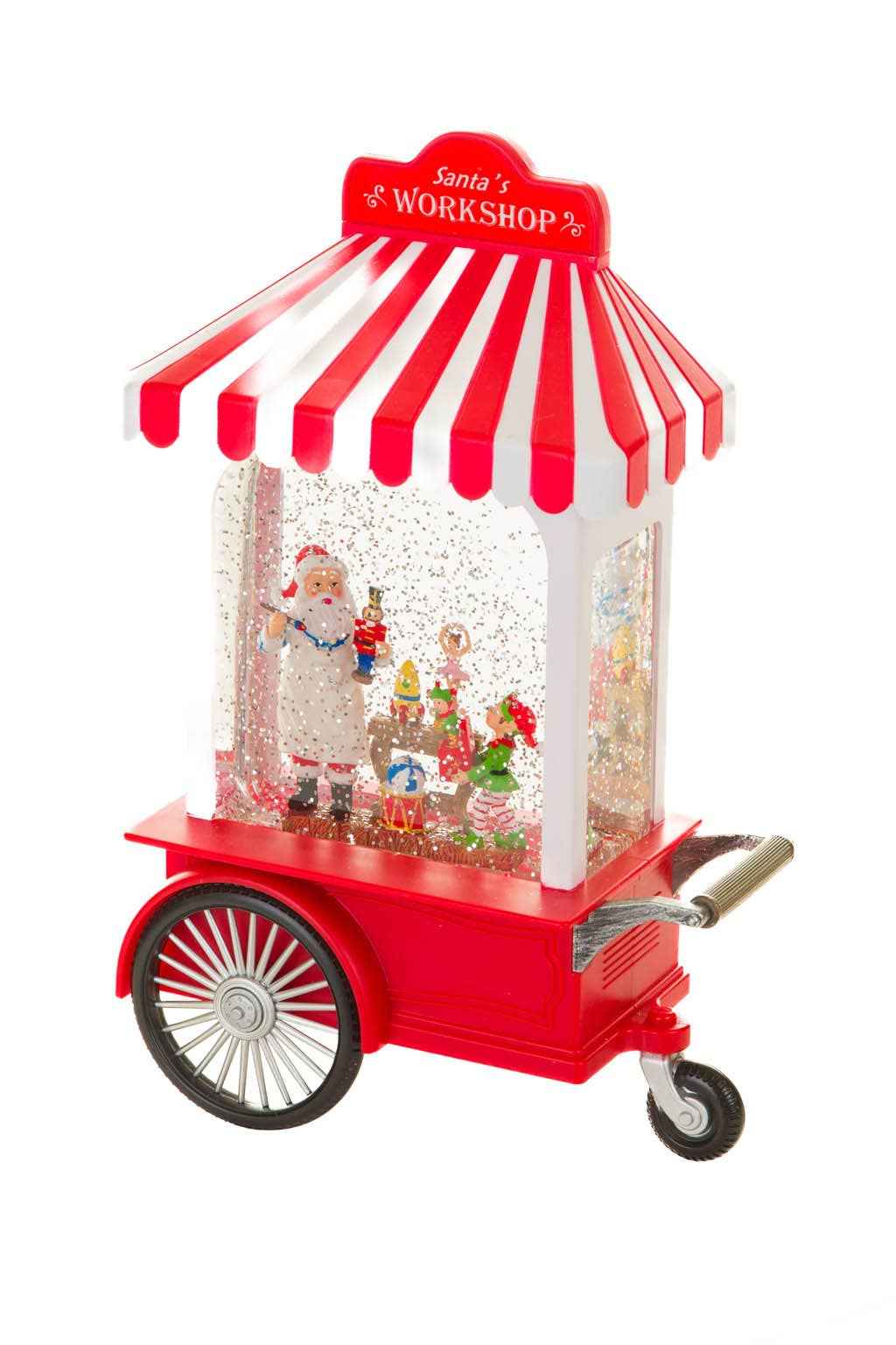Red/White LED Santa's Workshop Cart Snow Globe w/ Toymakers
